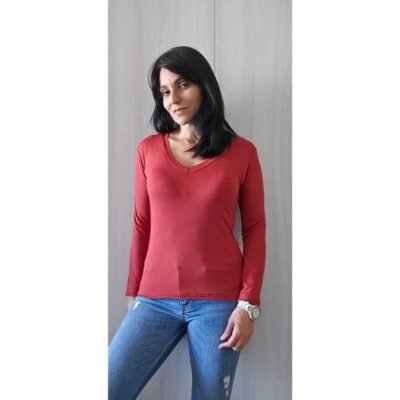 babylook manga longa gola v feminina